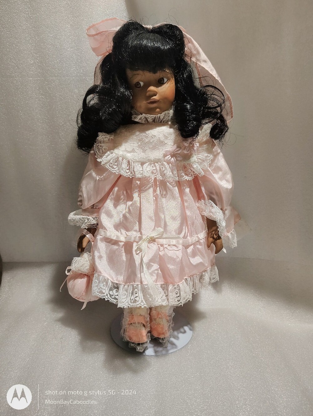 Vintage African American Porcelain Collector Doll 15” Pink Satin Lace Dress Side